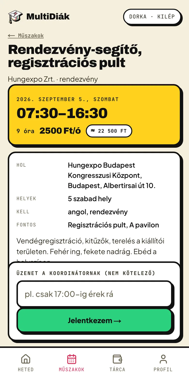 Műszak részletei és jelentkezés