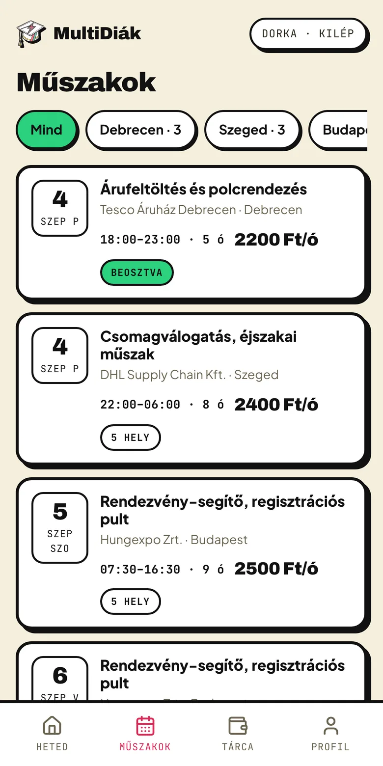 Műszakok listája az appban